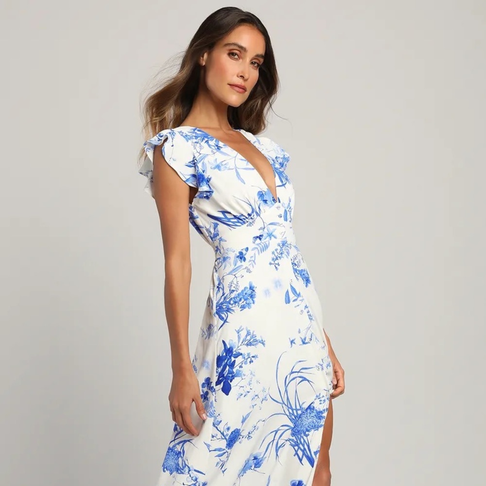 Lulus Botanical Bliss White Floral Print Flutter Sleeve Maxi Dress
